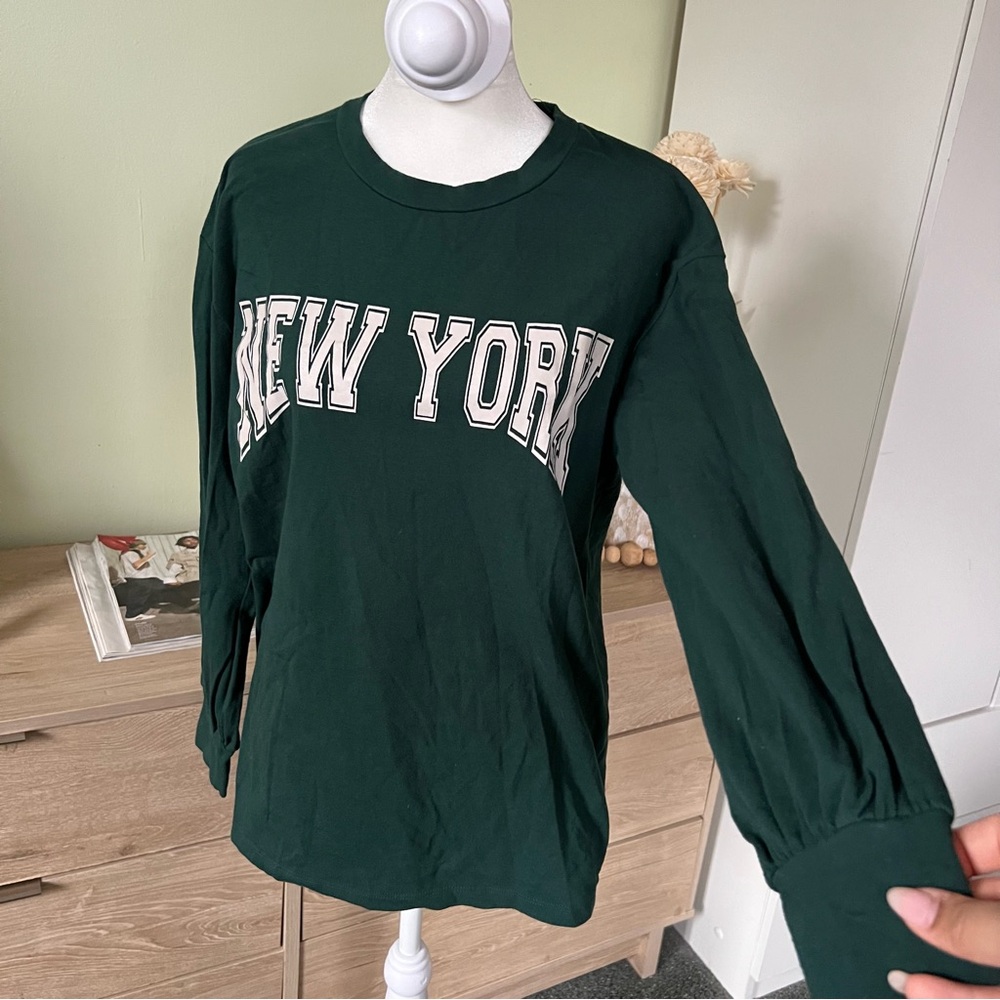 95% Cotton Green New York Oversized Baggy Relax Fit Long Sleeve Graphic T-Shirt